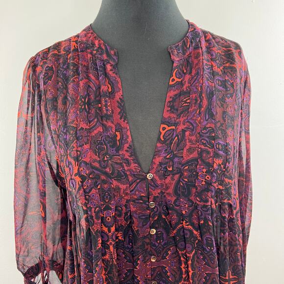 JOIE Red Black Print Long Sleeve V-Neck Button Down Silk Blouse Size Medium M - Picture 3 of 5